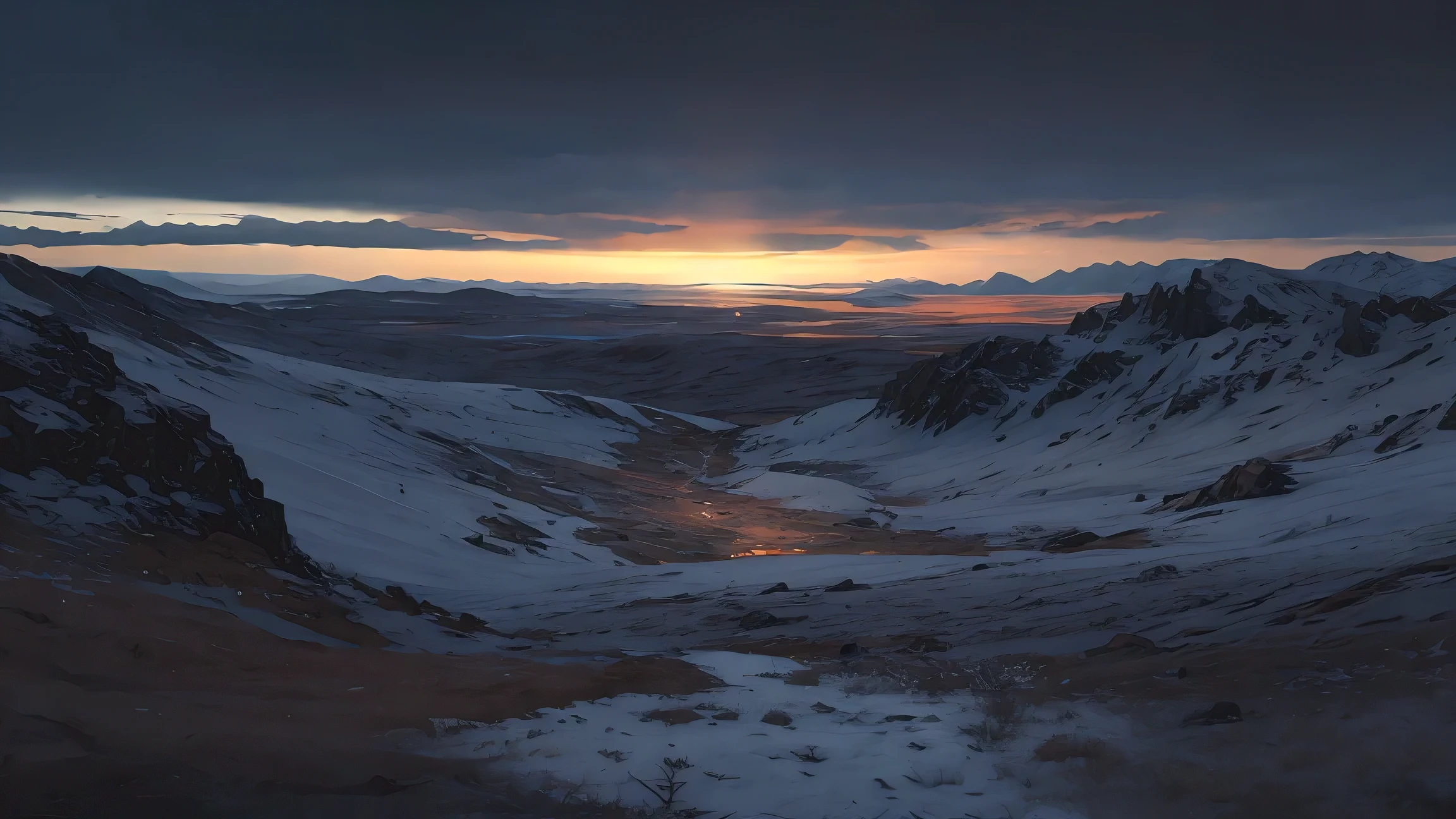 hopeless landscape, dark fantasy, beautiful landscape, masterpiece, tundra, dark sky, hopeless girl, cold atmosphere