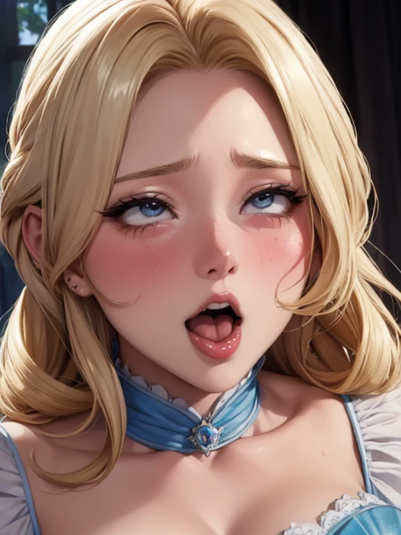 Blushing blonde Cinderella, portrait, gasped, sticks out tongue, horny, Sweaty, orgasm