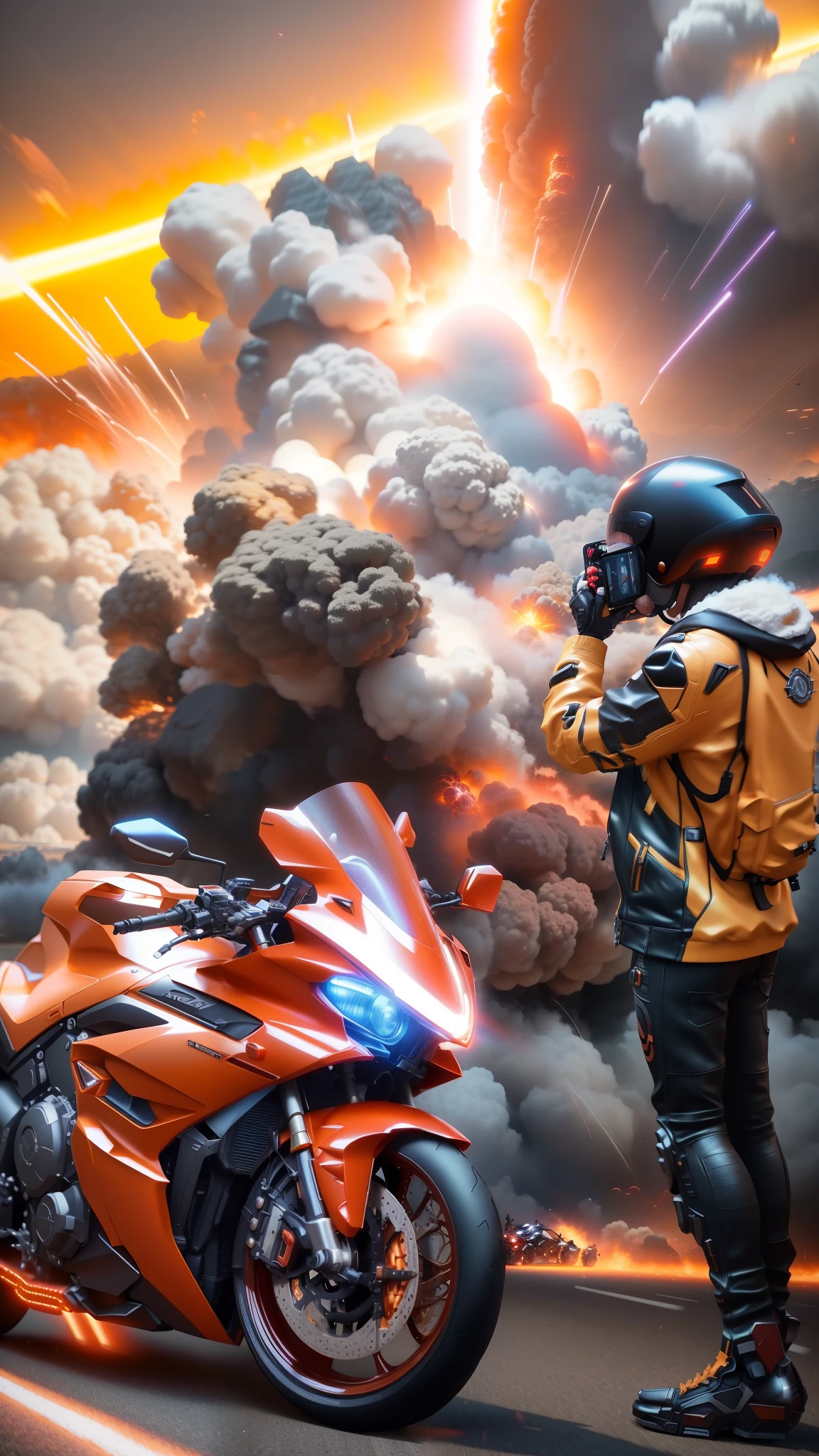 motorcycle rider taking picture of a huge explosion with camera, wojtek fus, realistic explosion, daniel maidman octane rendering, 3 d octane render conceptart, explosion in the background, digital painting. octane render, cinematic photograph concept art, concept art octane render, explosions and smoke, concept design art octane render, photo realistic octane render, motorcycle concept art, octane cgsociety