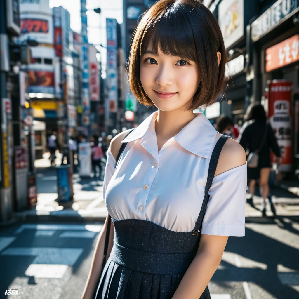 Super top quality, masterpiece, ultra high resolution, (lifelike: 1.4), Highly detailed CG unified 8k wallpaper, Detailed and complex, The original, high resolution, original photo, (perfect body shape), finely complex, SLR camera, soft light, high quality, film grain, depth of field, Leica camera, 50mm lens, backlight, human development report, hyper-realistic, color grade, dynamic poses, portrait, Japanese, Smile, lips, short hair, Bangs, (crowded Akihabara: 1.2), front view viewer, Natural light, girl, 20 years old, whole body, alone, student, middle school, exposing her ?????, ???????????，??????，sailor color, bobby socks, pleated skirt, daytime, street, deep shadow, Lovely, beauty, humble, Cold light 12000K\\ street, Store State, Akihabara, Shinjuku, Shibuya, Ikebukuro, meticulous realism, Texture, super detailed, realistic Texture, (dramatic, Winning photo, incredible masterpieces: 1.3)