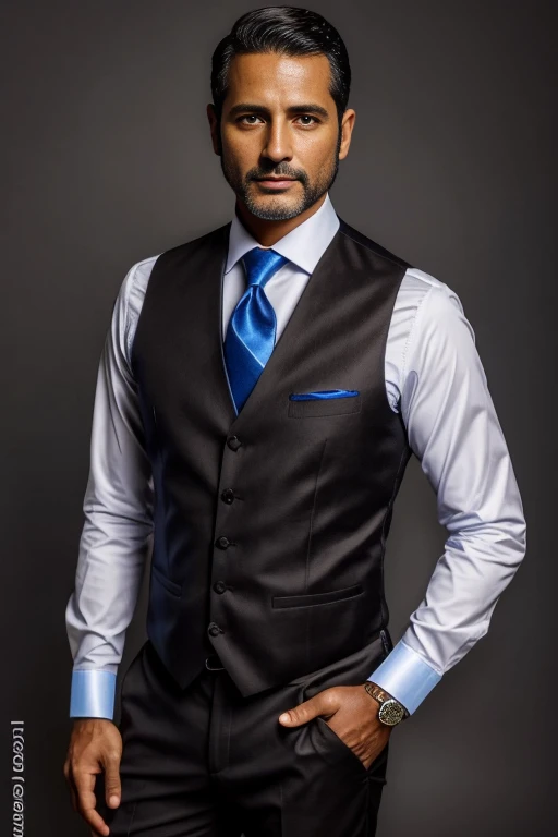 Foto de retrato de un hombre guapo, 40 years,short brown hair, Traje de terciopelo negro, Camisa negra, sin barba ni corbata , Backgroud azul oscuro