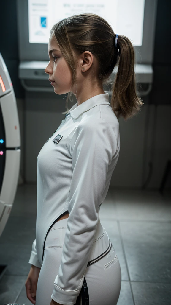 beautiful little 8-year-old blonde girl with a futuristic and technologically advanced white suit, profile view, science fiction scenario, photorealism, photographic appearance, RAW style, very detailed, ultra high definition