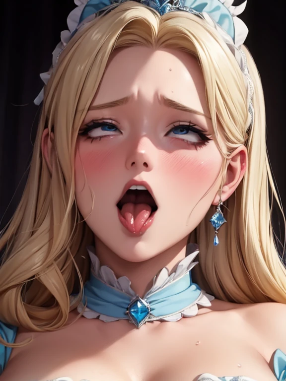 Blushing blonde Cinderella, portrait, gasped, sticks out tongue, horny, Sweaty, orgasm