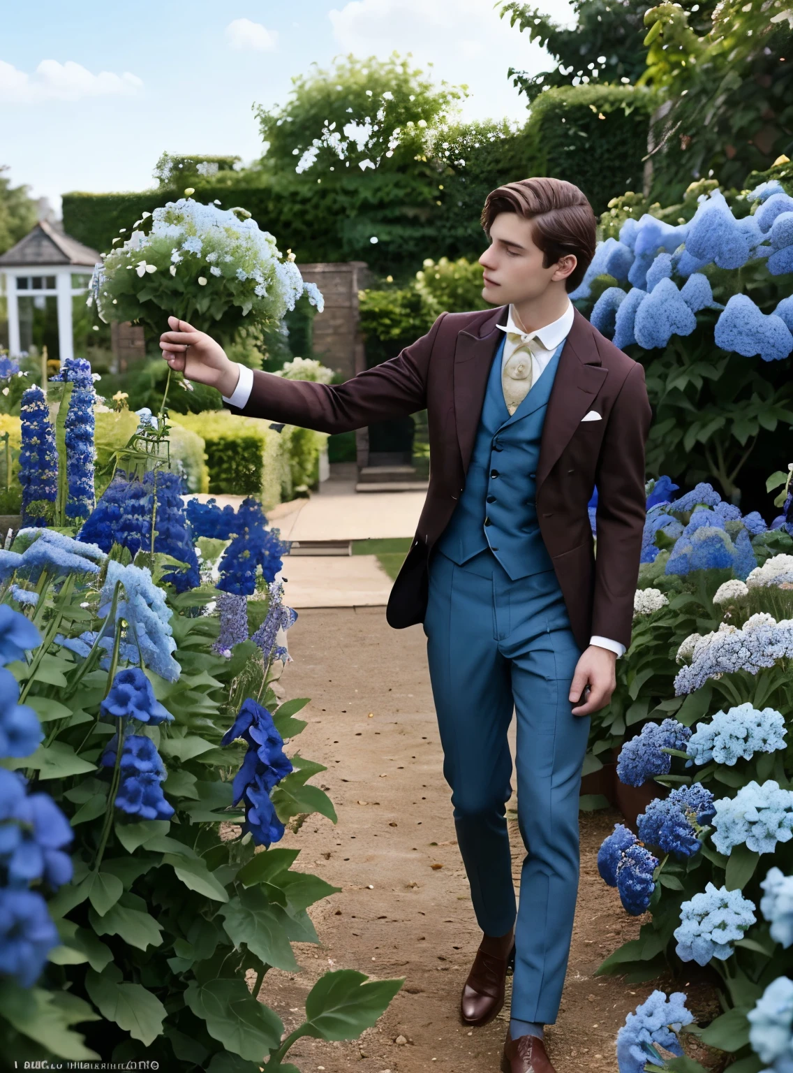 A young thin, short aristocratic guy of 19 years old with dark brown hair and light blue eyes, wearing expensive brown suit according to the late Victorian era, in the garden among growing blue delphiniums, daylight, high resolution, professional photo of excellent quality, 8k.
