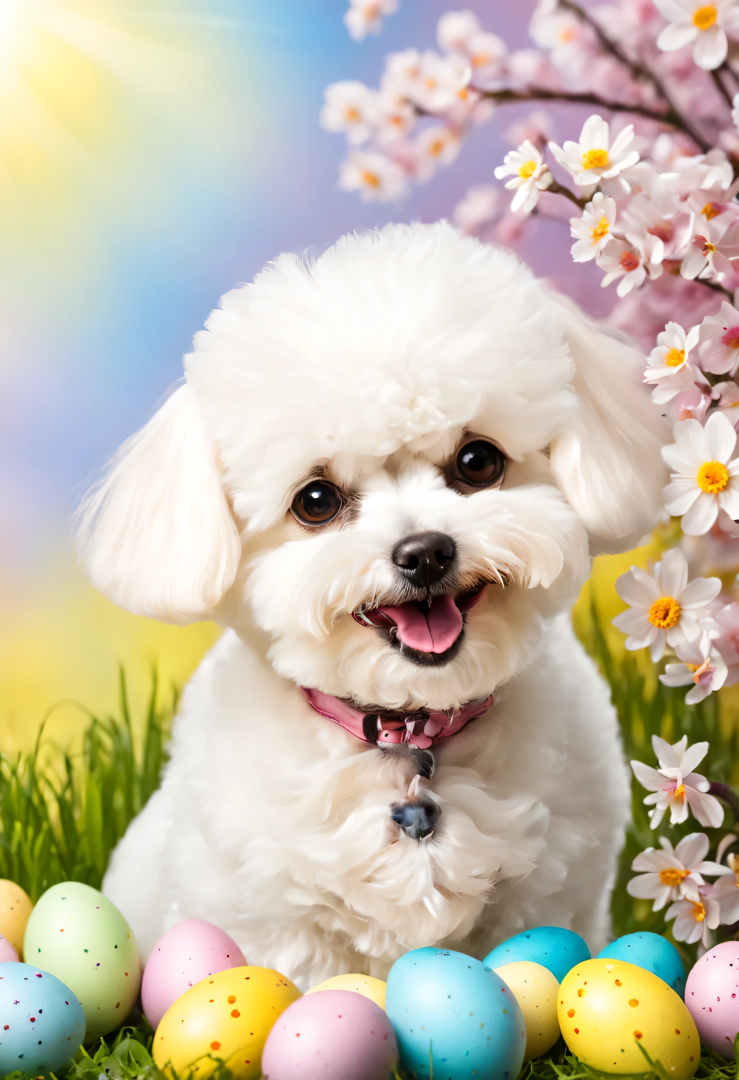 a happy bichon with easter eggs and spring flowers