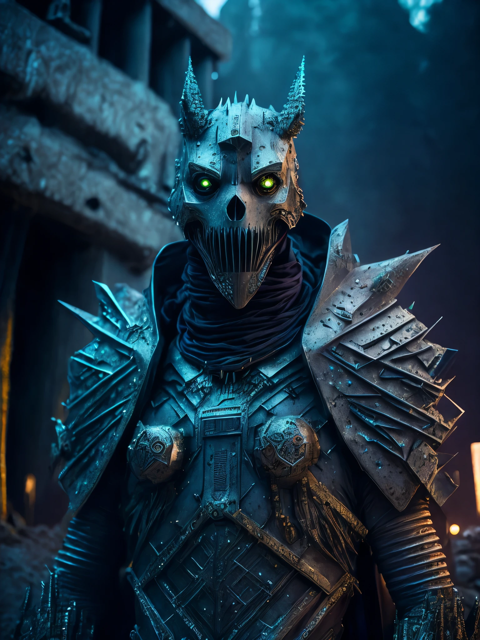 Full Grim portrait of the DC Dirt-monster wrapped in dirty aluminium with intricate angular cybernetic implants inside a brutalist building, gothic brutalist graveyard, cyberpunk, Foto premiada, Bokeh, Neon lights, cybernetic