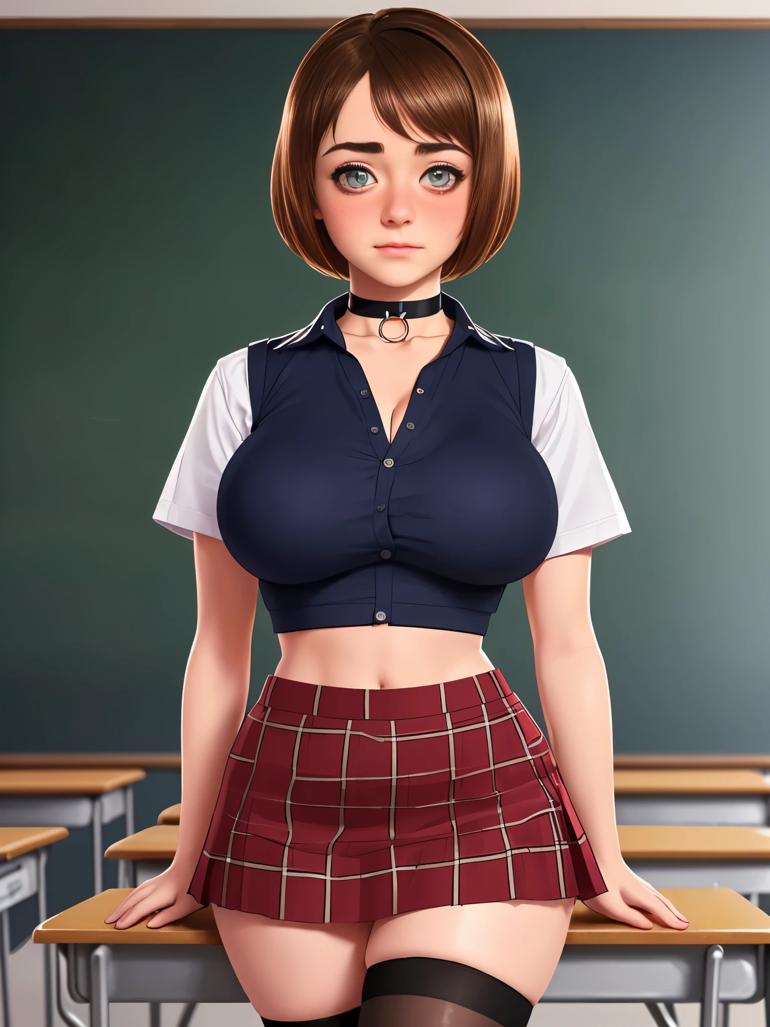 Maisie Williams, masterpiece quality, (masterpiece quality:1.3) realistic, (realistic:1.3), studio lighting, in a school classroom, school desks in background, blackboard in background, standing, sexy pose, wearing short skirt, red plaid skirt, wearing white stockings, wearing blue crop top, short hair, lots of cleavage, wearing choker collar, small breasts, (big breasts:1.3), 1girl, solo, alone, (alone:1.9), (blushing:1.3), 