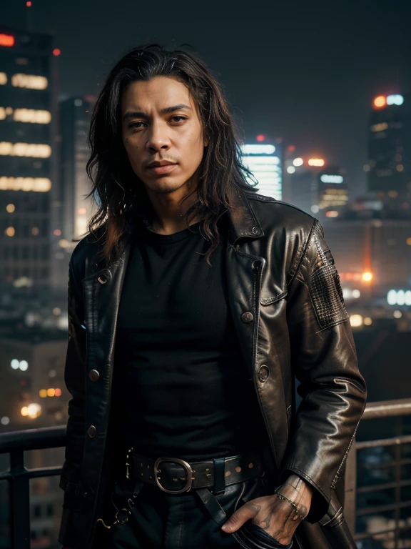 (masterpiece, highly detailed, ultra realistic, highest quality, cinematic), portrait, close up, dynamic pose, cyberpunk male musician / Jimi Hendrix / wearing heavy trenchcoat, hyper detailed skin textures, scars, prosthetics, Bladerunner, techno warrior, gritty, futuristic, sunset city background, bokeh, lens flare, (unbelievable quality, incredible detail, HDR+)