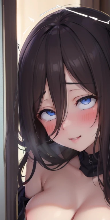 crazy, Backlight, looking at the viewer, brown hair, blue eyes, blush, smile, shining eyes, evil smile, (face with shadow:1.2),Only his face is peeking out from the side through the front door..anxious look、Sweater with holes showing cleavage、bare shoulders、big breasts、The front door is open、 on mouth、No ears、black guy behind her