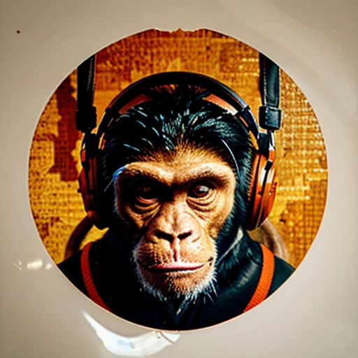 a close up of a sceptical monkey face, monkey dj, headphones are floating upside down, inspired by Alex Petruk APe, monkey, bored ape, face like monkey, monkeys, in style of monkeybone, in style of primal apes, ape, orange head, LP vinyl sticker design