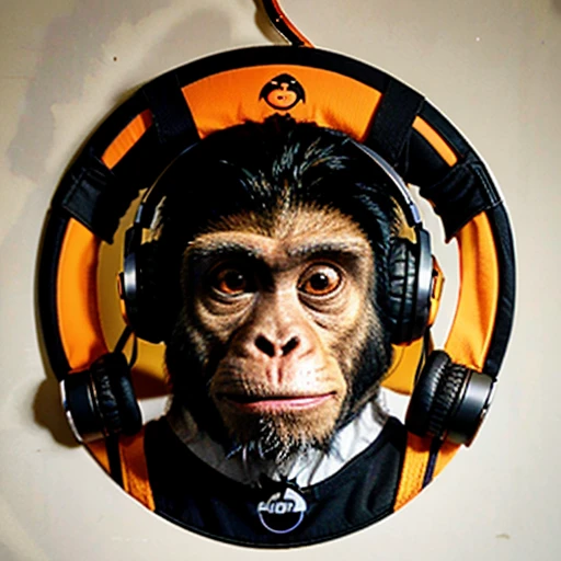a close up of a sceptical monkey face, monkey dj, headphones are floating upside down, inspired by Alex Petruk APe, monkey, bored ape, face like monkey, monkeys, in style of monkeybone, in style of primal apes, ape, orange head, LP vinyl sticker design