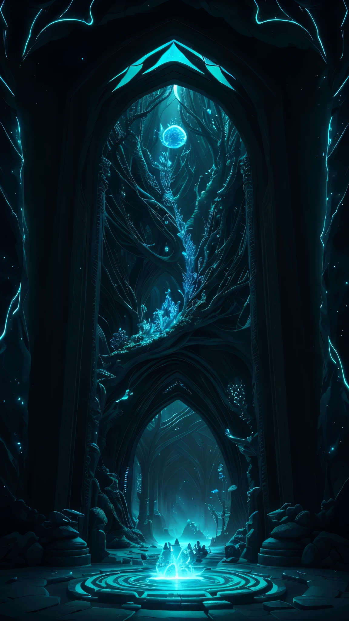 A 3D portal, intricately crafted with bioluminescent lights emitting radiant particles, immersed in a surreal, ethereal environment, fostering an otherworldly and enchanting atmosphere, meticulously detailed with sharp focus and vivid colors, illuminated by dynamic and vibrant lighting, highlighting every intricate angle and curve, 8K resolution, hyper-realistic, reminiscent of a mesmerizing underwater kingdom.