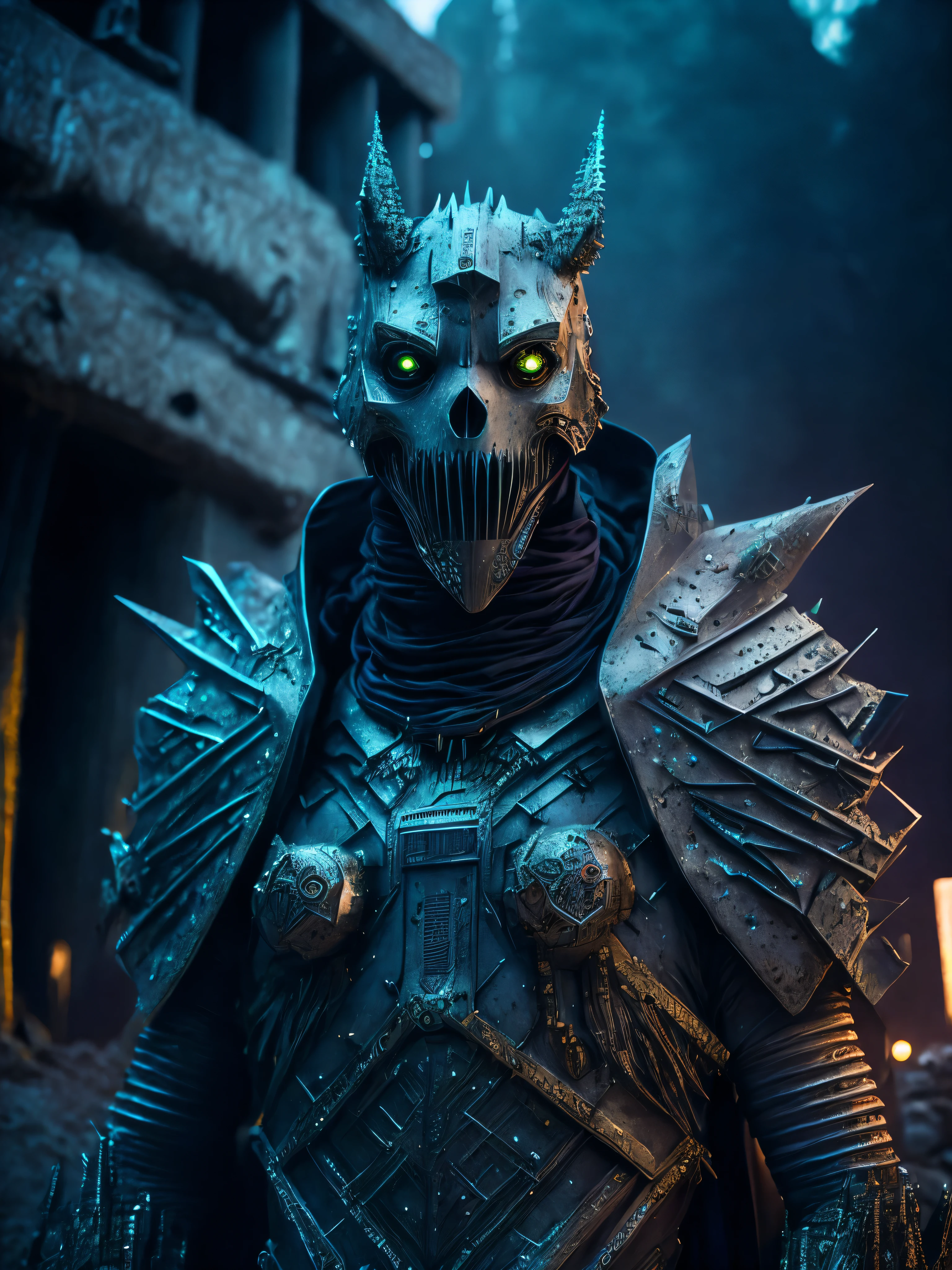 Full Grim portrait of the DC Dirt-monster wrapped in dirty aluminium with intricate angular cybernetic implants inside a brutalist building, gothic brutalist graveyard, cyberpunk, Foto premiada, Bokeh, Neon lights, cybernetic