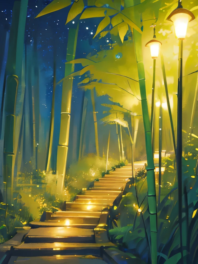 "(best quality,highres:1.2),ultra-detailed,bamboo forest at night,serene atmosphere,quietness,stillness,[whispering winds],[full moon],[falling bamboo leaves],[dancing fireflies],peaceful,solitude,mystical,tranquility,darkness,bamboo shadows on the ground,calmness,moonlit landscape"