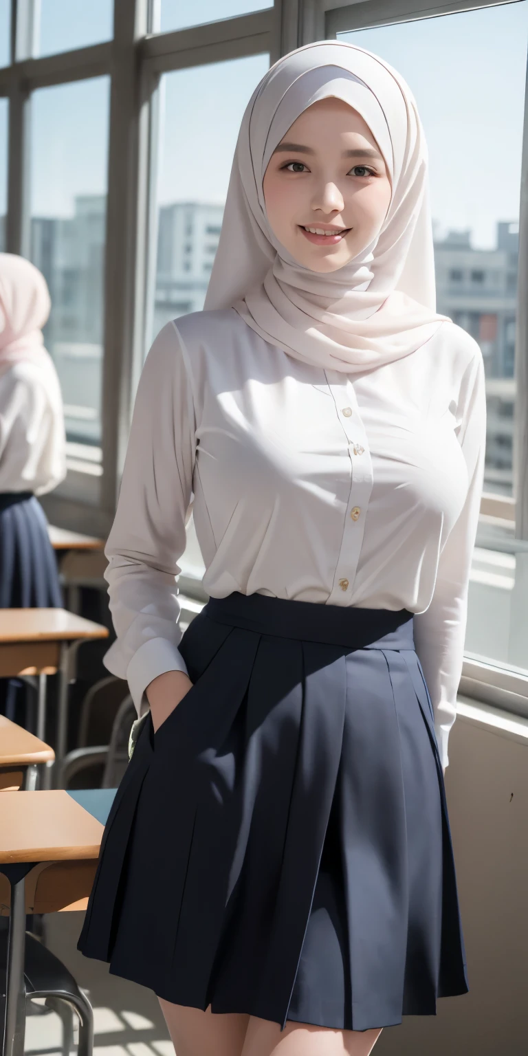 masutepiece, Best Quality, Illustration, Very detailed, fine detail, high resolution, 8K Wallpaper, Perfect dynamic composition, Schoolgirls in hijabs, three schoolgirls in hijabs taking a photo, 18 years old, (hands in long skirt pockets), Beautiful eye details, Natural lips, smiling lips, light laughing lips, wearing a white hijab, high school clothes, long gray skirt, long sleeves, (taking a half-body photo), view of the school room, (three school children wearing hijabs taking photos, lots of children school in hijab, school girls taking photos, showing big breasts, white hijab schoolgirls, high school clothes, (high school), long skirts, long sleeves, school room view,