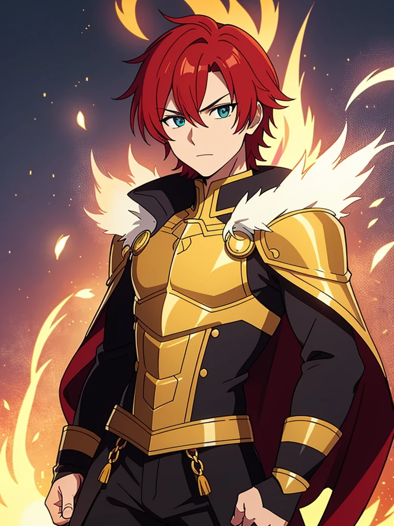 Leon Phoenixheart is a valiant figure with fiery red hair that cascades like flames down his shoulders. His piercing emerald eyes hold a resolute determination, reflecting the strength of his spirit. Leon dons a suit of golden armor adorned with intricate phoenix motifs, symbolizing his resilience and rebirth in the face of adversity.