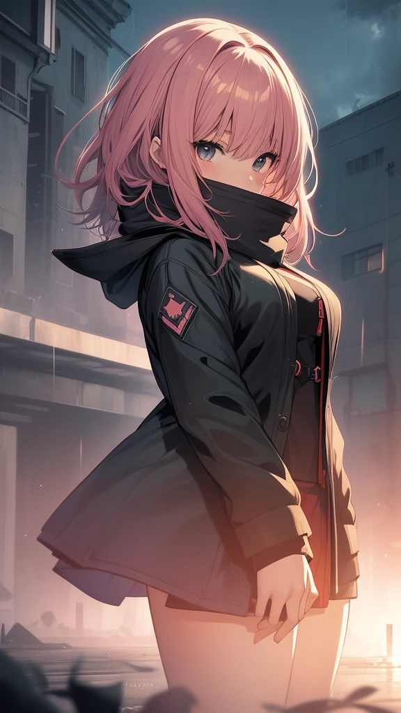 (wide angle 1.5), anime girl with a hood and covering her mouth with a scarf, rose colored hair, arcueid \(coat\), rainy atmosphere, anime graphic illustration, anime art wallpaper 4k, anime art wallpaper 4 k, anime art wallpaper 8 k, anime style 4 k, detailed digital anime art, anime abstract art, anime style illustration, digital anime illustration, cute detailed digital art, anime style artwork, anime styled digital art, anime illustration, grimm dark colours