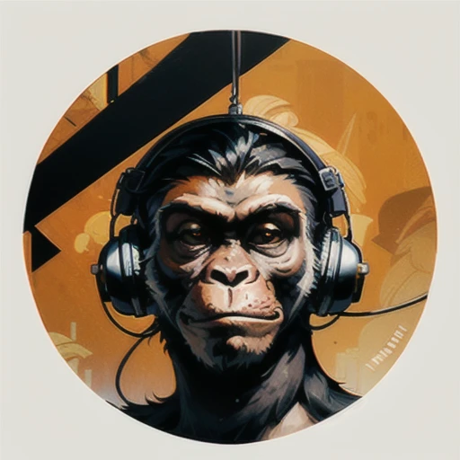 a close up of a sceptical monkey face, monkey dj, headphones are floating upside down, inspired by Alex Petruk APe, monkey, bored ape, face like monkey, monkeys, in style of monkeybone, in style of primal apes, ape, orange head, LP vinyl sticker design