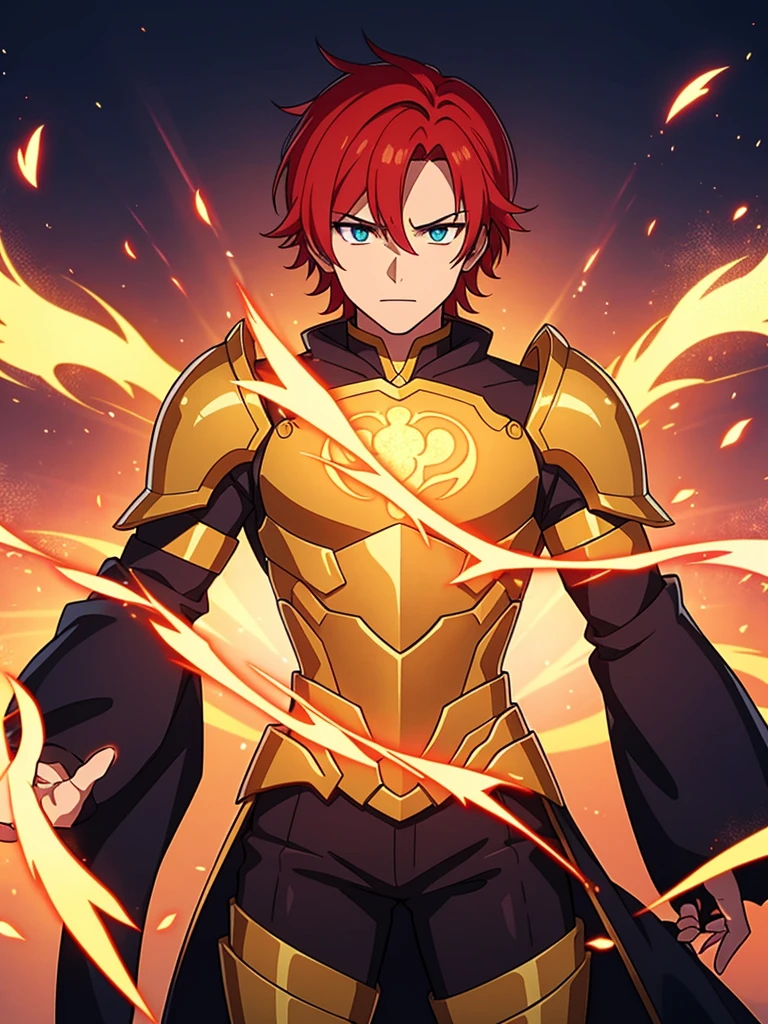 Leon Phoenixheart is a valiant figure with fiery red hair that cascades like flames down his shoulders. His piercing emerald eyes hold a resolute determination, reflecting the strength of his spirit. Leon dons a suit of golden armor adorned with intricate phoenix motifs, symbolizing his resilience and rebirth in the face of adversity.