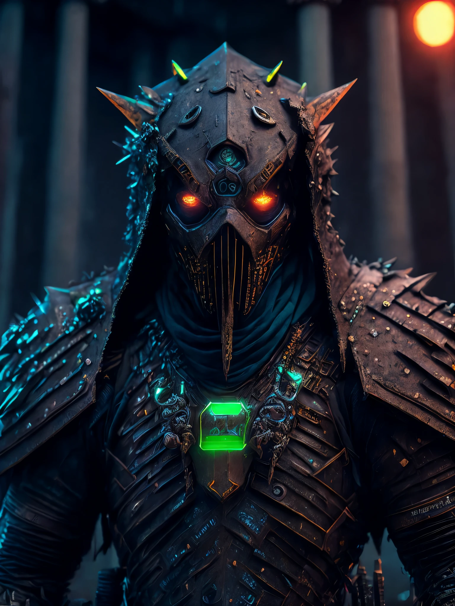 Full Grim portrait of the DC Dirt-monster wrapped in dirty leather with intricate angular cybernetic implants inside a brutalist building, gothic brutalist graveyard, cyberpunk, Foto premiada, Bokeh, Neon lights, cybernetic