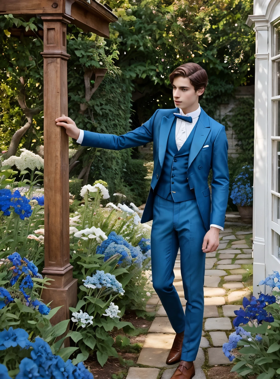 A young thin, short aristocratic guy of 19 years old with dark brown hair and light blue eyes, wearing expensive brown suit according to the late Victorian era, in the garden among growing delphiniums, daylight, high resolution, professional photo of excellent quality, 8k.