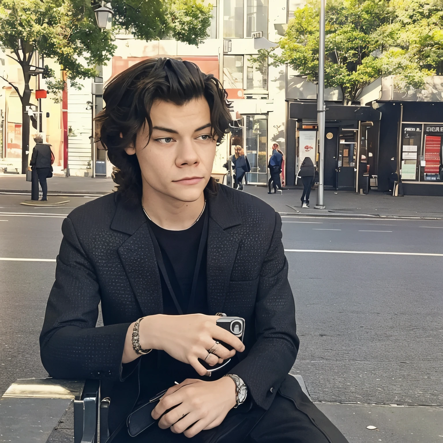 Harry styles, sitting on a bench in a square in the 70s, He has an analog camera in his hands and a black casual outfit 