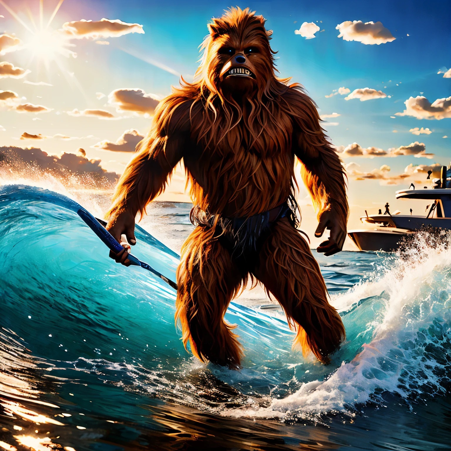 A surfing Chewbacca from Star Wars rides the waves in the sea on his surfboard. This beautifully crafted image showcases Chewbacca's raw, furry texture, each strand gleaming with droplets from the ocean. His eyes, bright and focused, are fixed on the next wave, ready to catch it with an unmatched energy and enthusiasm. His massive body, muscled and tanned, moves in harmony with the water, creating a stunning photorealistic masterpiece. The sunlight reflecting off his orange-brown fur illuminates the scene, making Chewbacca the focal point of this surreal Star Wars moment.
Chewbacca'
