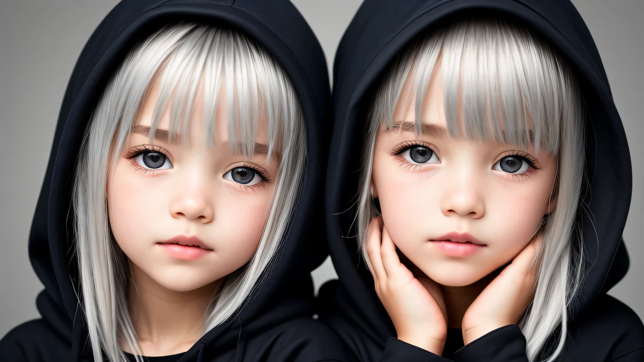 KIDS GIRL silver hair in a black hoodie holding her head in her hands, KIDS girl wearing hoodie, in a black hoodie, close up portrait photo, gorgeous young model, in a hoodie, portrait black and white portrait, wearing a black hoodie