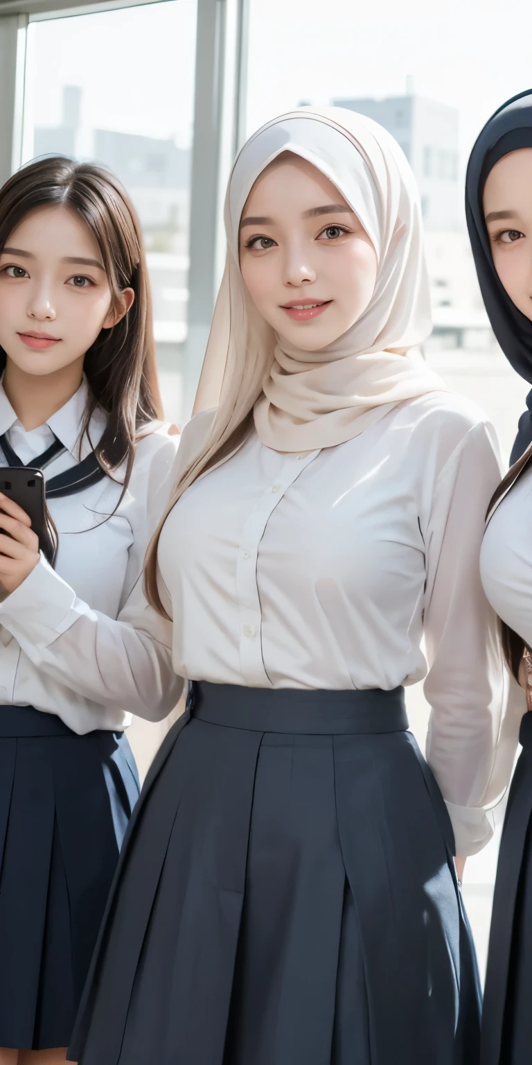 masutepiece, Best Quality, Illustration, Very detailed, fine detail, high resolution, 8K Wallpaper, Perfect dynamic composition, Schoolgirls in hijabs, three schoolgirls in hijabs taking a photo, 18 years old, (hands in long skirt pockets), Beautiful eye details, Natural lips, smiling lips, light laughing lips, wearing a white hijab, high school clothes, long gray skirt, long sleeves, (taking a half-body photo), view of the school room, (three school children wearing hijabs taking photos), lots of children school in hijab, school girls taking photos, showing big breasts, white hijab schoolgirls, high school clothes, (high school), long skirts, long sleeves, school room view,