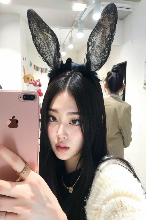 There is a woman who is taking a selfie with her cell phone, ulzzang, con grandes orejas de conejo, con orejas de conejo, tzuyu de dos veces, Jinyoung Shin, jaeyeon nam, with long, floppy rabbit ears, pelo negro orejas de gato negro, con orejas de conejo, cruel korean gothic girl, chica con orejas de gato, Orejas largas de conejo, jisoo de blackpink