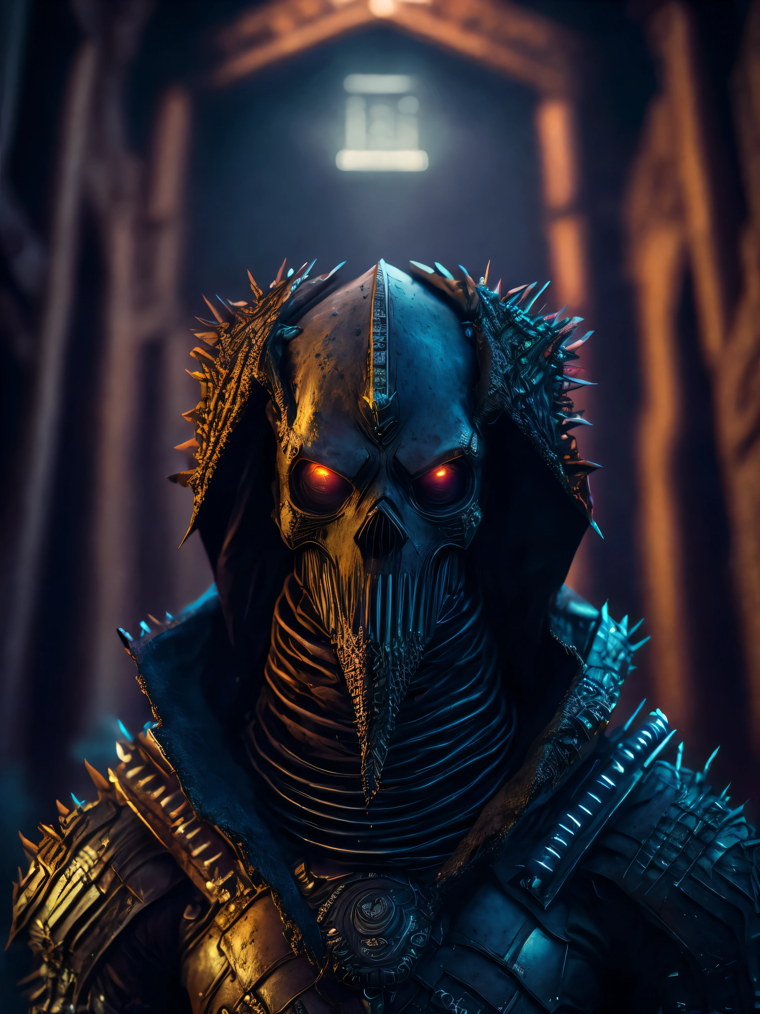 Full Grim portrait of the DC Dirt-monster wrapped in dirty leather with intricate angular cybernetic implants inside a brutalist building, gothic brutalist graveyard, cyberpunk, Foto premiada, Bokeh, Neon lights, cybernetic