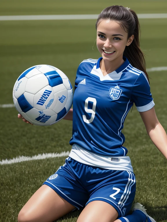 Photorealistic image ((masterpiece)), ((high quality)) UHD 8K, of a happy and smiling female soccer player, (medium chest), (thin waist), wearing (blue and white soccer uniform), luminous blue eyes , long brown hair, playing on a soccer field