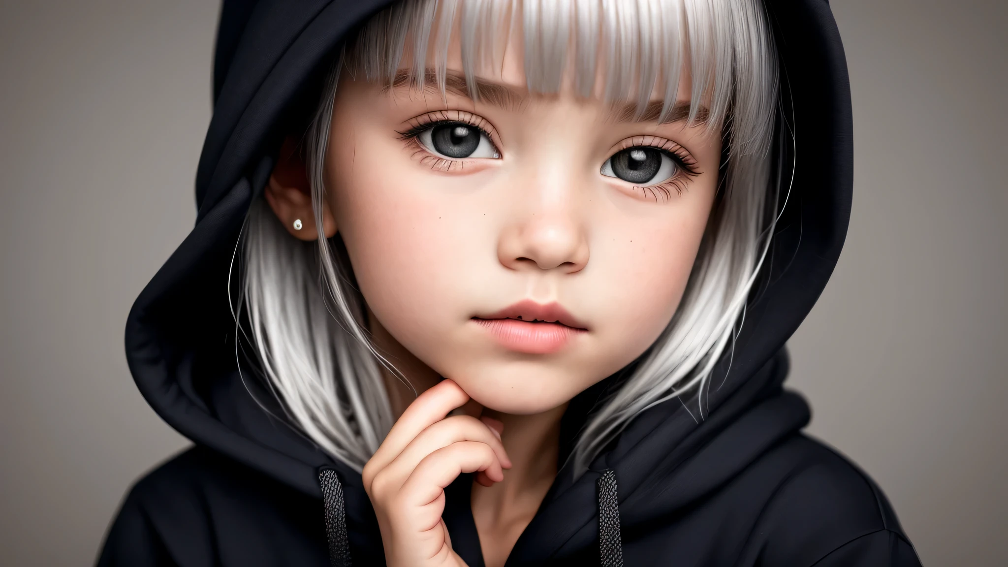 KIDS GIRL silver hair in a black hoodie holding her head in her hands, KIDS girl wearing hoodie, in a black hoodie, close up portrait photo, gorgeous young model, in a hoodie, portrait black and white portrait, wearing a black hoodie