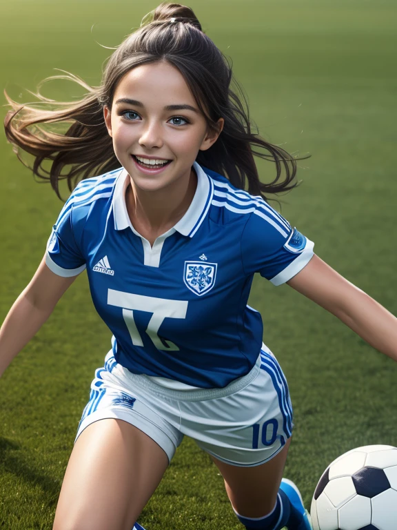 Photorealistic image ((masterpiece)), ((high quality)) UHD 8K, of a happy and smiling female soccer player, (medium chest), (thin waist), wearing (blue and white soccer uniform), luminous blue eyes , long brown hair, playing on a soccer field