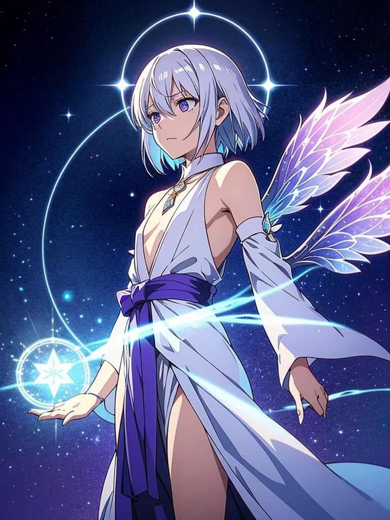 Kazuki Aetherwind possesses an ethereal and enchanting appearance in the magical realm of Eldoria. His silver-white hair flows like moonlight, framing a face adorned with subtle runic tattoos that softly illuminate when touched by magical energies. His eyes, a captivating shade of amethyst, hold a mysterious depth, reflecting a profound connection to the mystical forces surrounding him. A pair of translucent, iridescent wings extend gracefully from his back, symbolizing his affinity with the spirits of the air. These wings add an otherworldly elegance to his silhouette as they catch the ambient magical light. Kazuki's attire is a blend of magical elegance and functionality. Draped in a midnight-blue robe adorned with celestial patterns, each step seems to leave traces of stardust in his wake. A silver sash wraps around his waist, securing a vial filled with shimmering stardust—a magical catalyst for his enchantments. His hands, adorned with ornate silver rings, possess a delicate yet powerful touch capable of weaving intricate spells. Around his neck, a crystal amulet radiates a soft glow, reflecting his mastery over the arcane energies that course through him. In this magical world, Kazuki Aetherwind stands as a living embodiment of the enchanting energies that permeate Eldoria, his presence resonating with the mystic beauty of the realm.