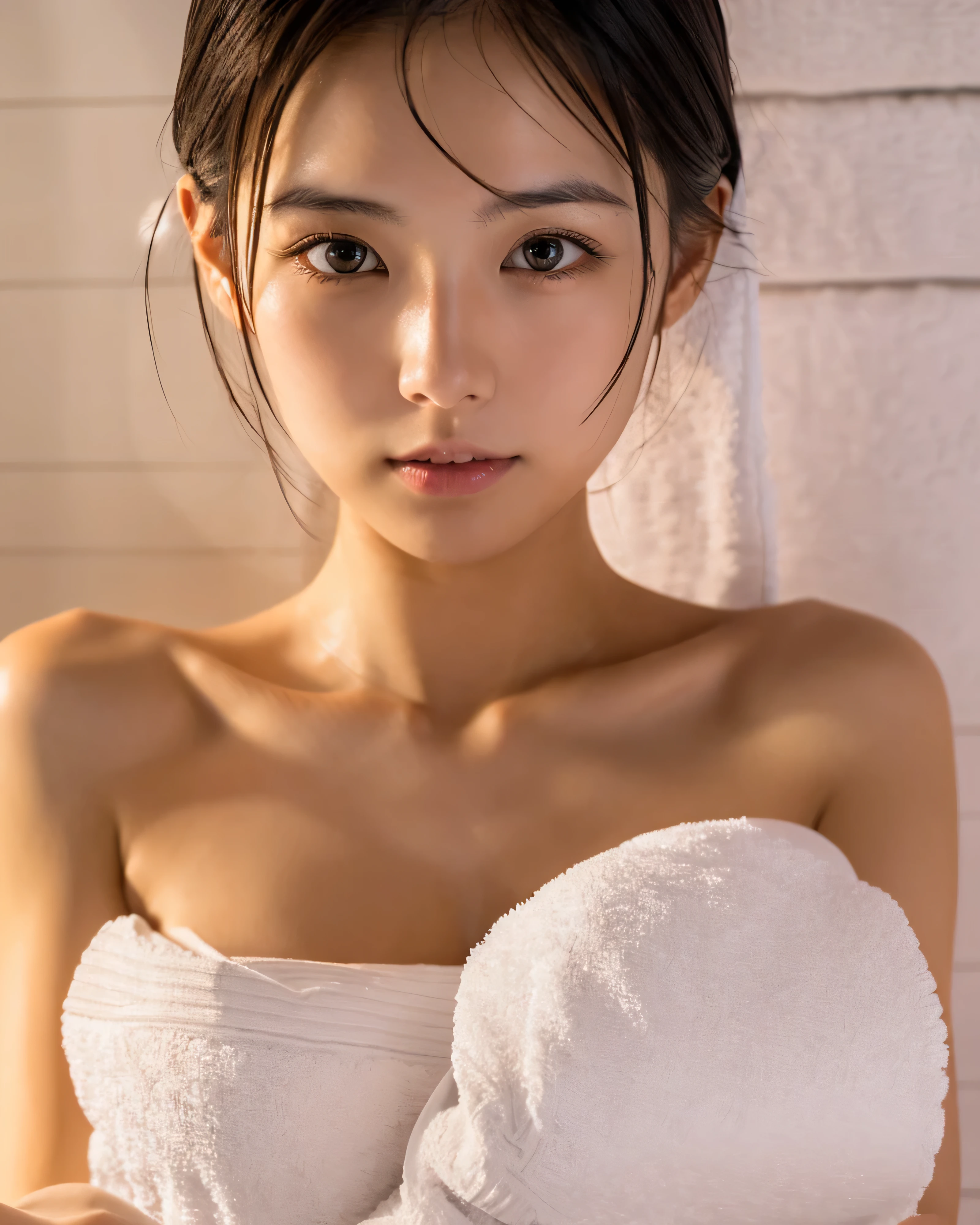 beautiful lighting, one beautiful japanese girl, complex colored hair, smooth soft skin,detailed beautiful eyes,Detailed and perfect clavicle,dark and beautiful breasts,professional lighting,please be shy、(Japanese hot springs)、(((Towel naked)))、close