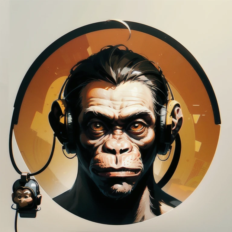 a close up of a sceptical monkey face, headphones are floating upside down, inspired by Alex Petruk APe, monkey, bored ape, face like monkey, monkeys, in style of monkeybone, in style of primal apes, ape, orange head, LP vinyl sticker design
