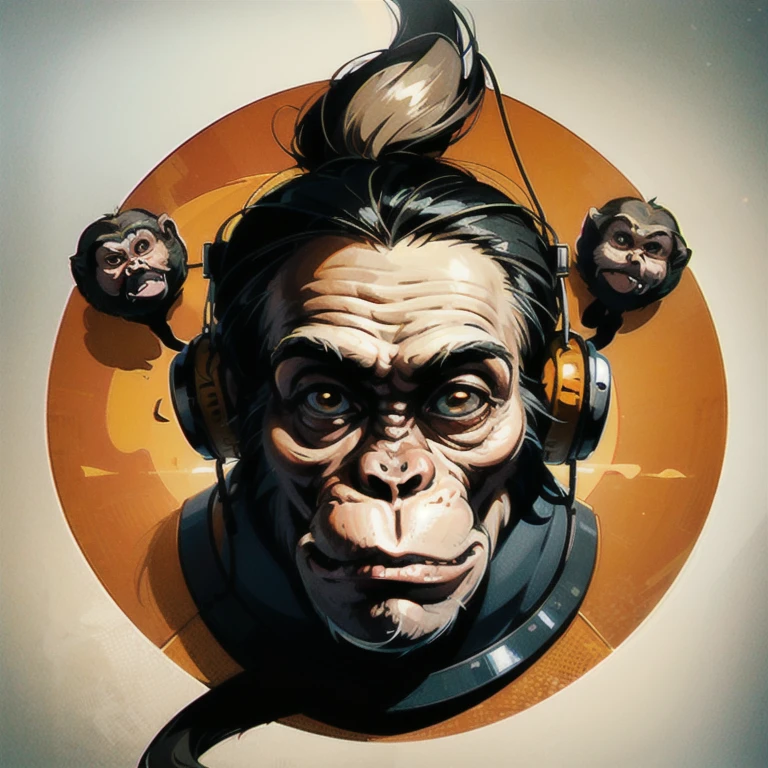 a close up of a sceptical monkey face, headphones are floating upside down, inspired by Alex Petruk APe, monkey, bored ape, face like monkey, monkeys, in style of monkeybone, in style of primal apes, ape, orange head, LP vinyl sticker design