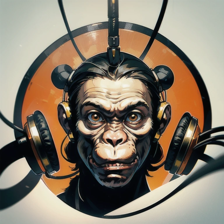 a close up of a sceptical monkey face, headphones are floating upside down, inspired by Alex Petruk APe, monkey, bored ape, face like monkey, monkeys, in style of monkeybone, in style of primal apes, ape, orange head, LP vinyl sticker design
