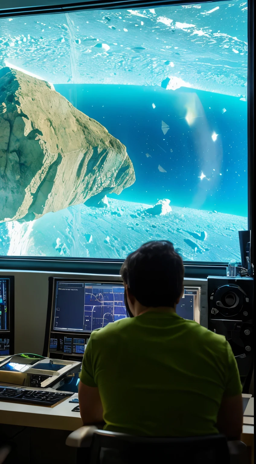 Scientists in the Nasa control room looking at a giant rock through the window. a giant rock is from space. a giant rock placed in the empty laboratory room alone. photo realistic. HDR,