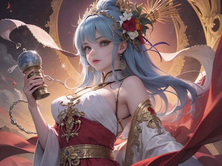 Anime characters: maam, Magical Elemental Woman, Steam magic elements, A woman who is, The Age of Steam, magic, Light effects, Masterpiece, Gradient, Shadow overlay, Blue hair color Purple dye Ice magic Ice element wand Sapphire Shining magic array Ice element affinity Tibetan costume Shamanic ethnic minority people Highland ethnic people Tibetan robe White robe ethnic pattern ethnic costume