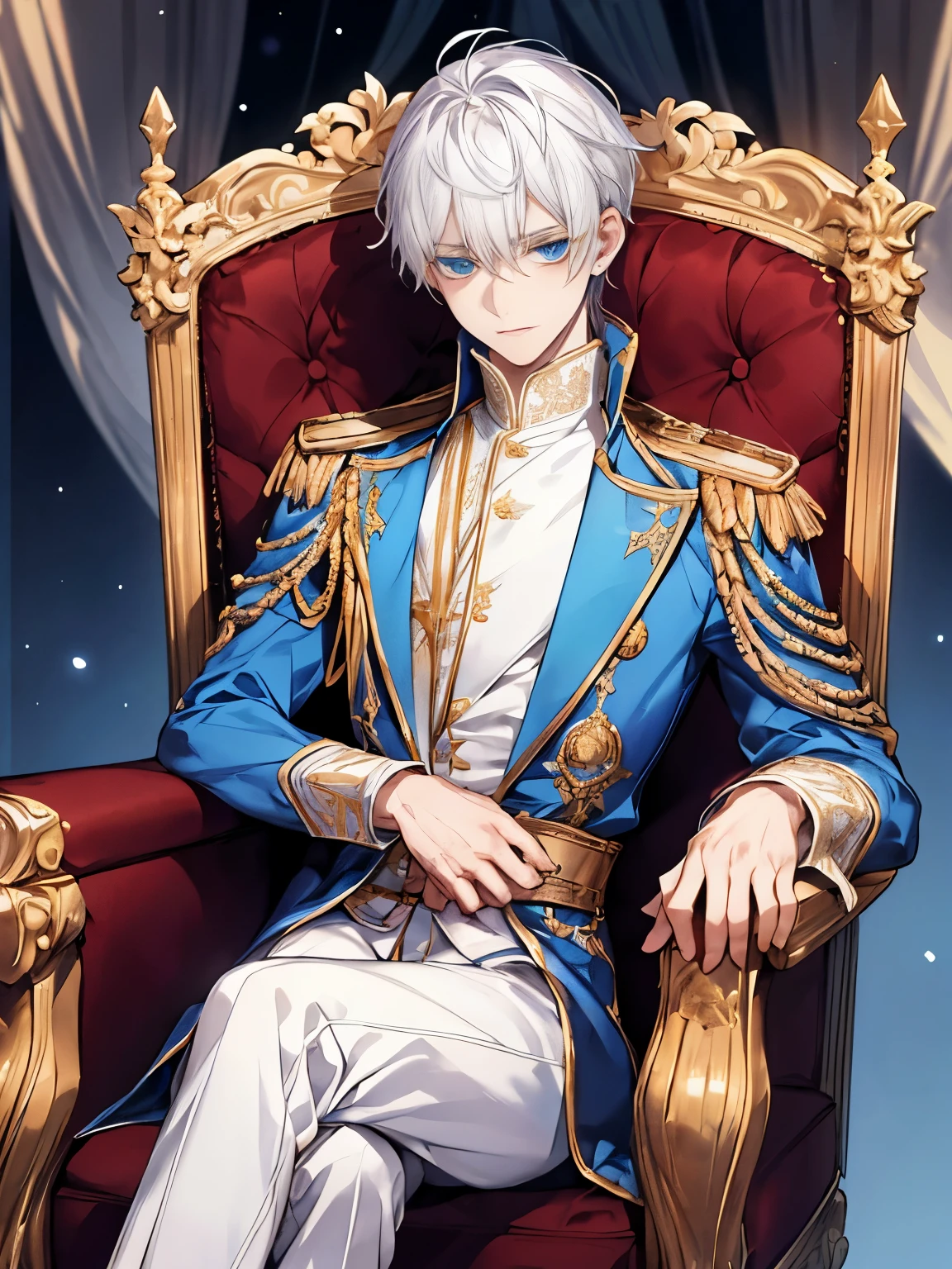 Fantasy, prince, white hair, blue eyes, boy, staring boredly, white and gold clothes, detailed, emotionless, sitting on a throne, looking down, crossing legs