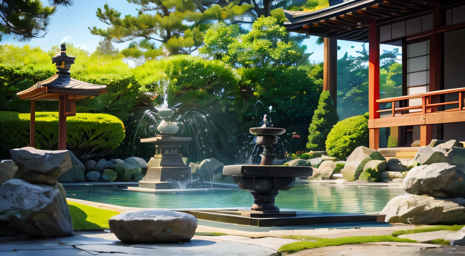 Transport yourself to a traditional Japanese garden. The gentle flow of water from a fountain mixes with the sound of wind chimes. The environment is calm and conducive to meditation.