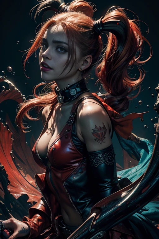 (Top Quality, 8k), Splash art of a demonic Harley Quinn, Full figure, Athletic full body, Splash style of bright color paint with heavy strokes, Contour and hyperdetailed intricately detailed lines, Unreal Engine rendering for a fantastical effect, Deviantart masterpiece in oil painting style, Paint dripping and textured, Complementary colors for contrast and depth, Highly detailed and realistic, 8K resolution for ultra-clear visuals, Intricate details showcasing Harley Quinn's demonic features, Realistically rendered skin and fabric textures, Splash screen-worthy image, Capturing the essence of dark fantasy concept art