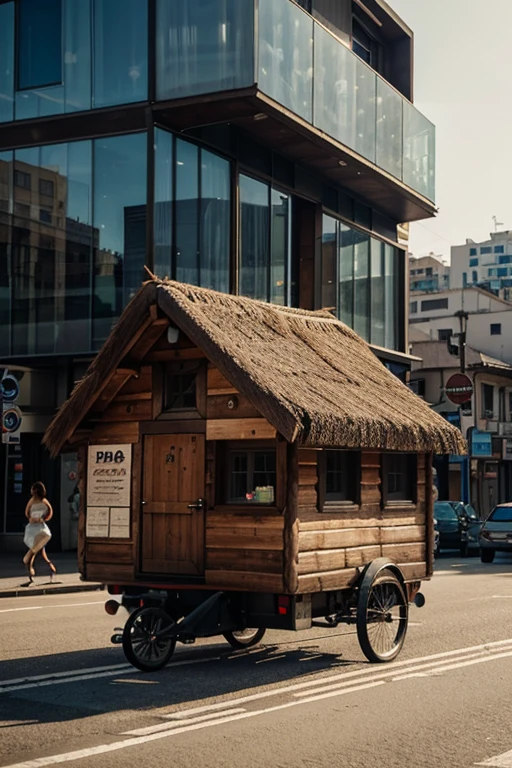 a hut on chicken legs running through the center of a modern city