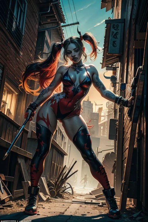 (Top Quality, 8k), Splash art, A demonic Harley Quinn in full figure, Muscular and athletic full body, Splash style of bright color paint with heavy strokes and paint dripping, Contour and hyperdetailed intricately detailed lines, Fruitful imagination from Unreal Engine, Fantastical and otherworldly concept, 8k resolution for ultra-clear visuals, DeviantArt masterpiece worthy of admiration, Oil painting with fine brushwork and rich texture, Complementary colors adding depth and contrast, Realistic yet surreal details captivating the viewers' attention.