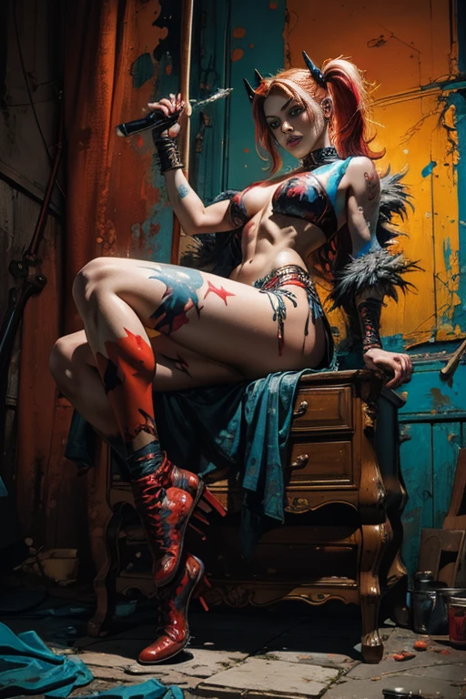(Top Quality, 8k), Splash art, A demonic Harley Quinn in full figure, Muscular and athletic full body, Splash style of bright color paint with heavy strokes and paint dripping, Contour and hyperdetailed intricately detailed lines, Fruitful imagination from Unreal Engine, Fantastical and otherworldly concept, 8k resolution for ultra-clear visuals, DeviantArt masterpiece worthy of admiration, Oil painting with fine brushwork and rich texture, Complementary colors adding depth and contrast, Realistic yet surreal details captivating the viewers' attention.