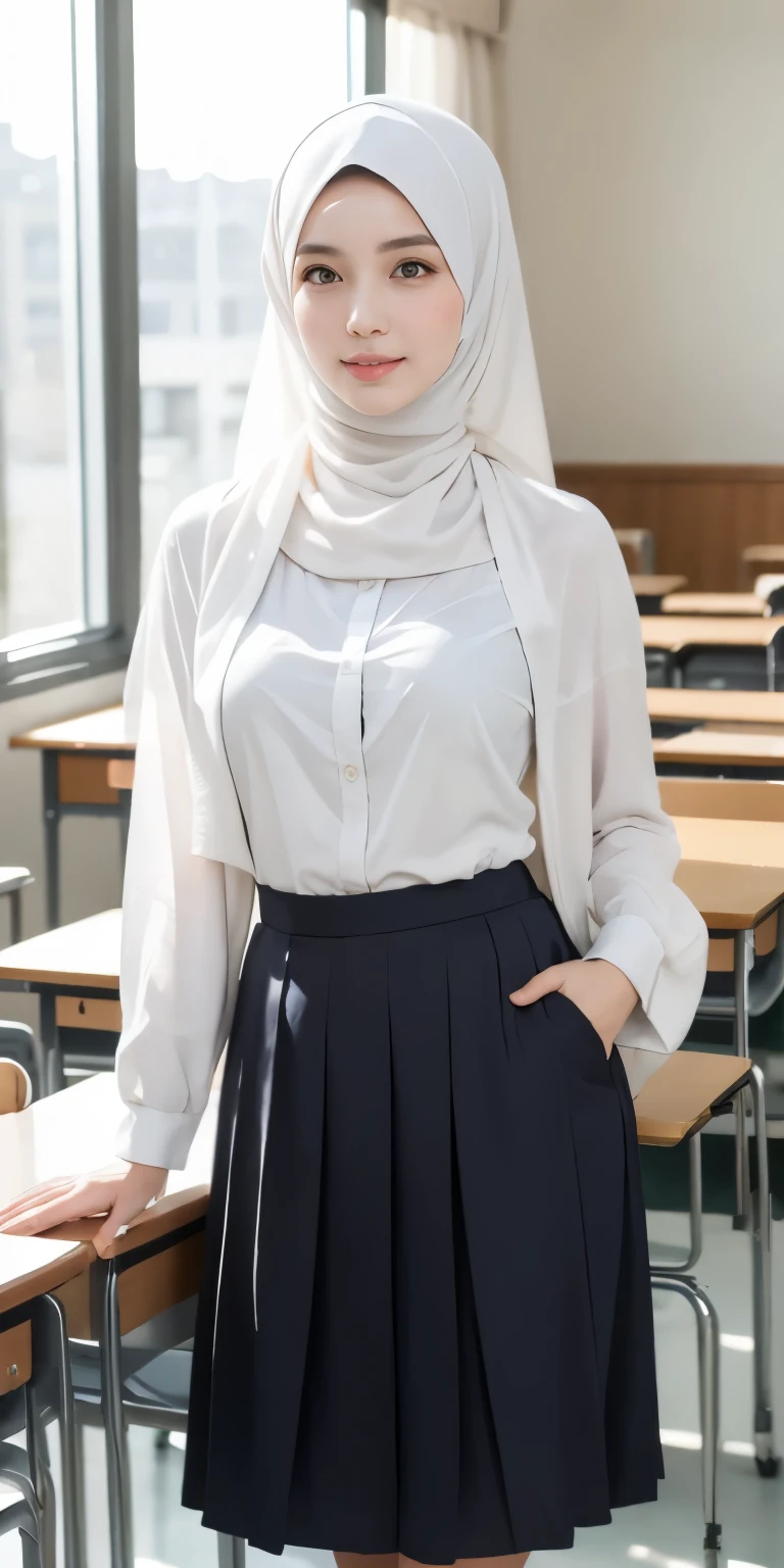 masutepiece, Best Quality, Illustration, Very detailed, fine detail, high resolution, 8K Wallpaper, Perfect dynamic composition, Schoolgirls in hijabs, multiple people wear hijab white, all people wear hijab white, three schoolgirls in hijabs taking a photo, 18 years old, (hands in long skirt pockets), Beautiful eye details, Natural lips, smiling lips, light laughing lips, wearing a white hijab, high school clothes, long gray skirt, long skirt, long sleeves, (taking a half-body photo), view of the school room, (three school children wearing hijabs taking a photo), all people hijab white, school people hijabs white, many school children wearing hijabs, school girls taking photos, showing big breasts, white hijab school children, high school clothes, (high school), (long skirts), long sleeves, school room view,