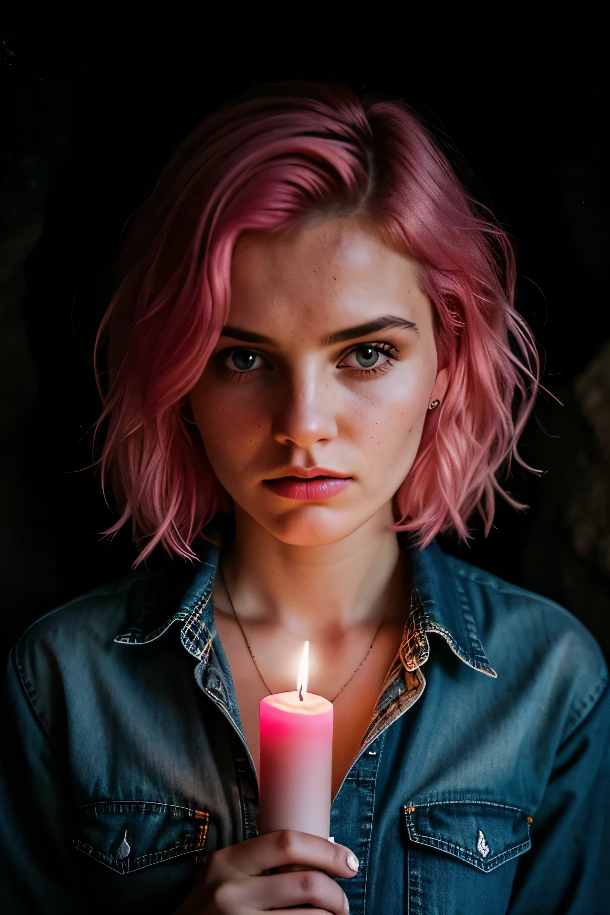 photograph of a woman, (troubled facial expression), textured skin, goosebumps, pink hair, plaid flannel shirt with distressed boyfriend jeans, cowboy shot, dark and mysterious cave with unique rock formations and hidden wonders, perfect eyes, (candlelight,chiaroscuro)