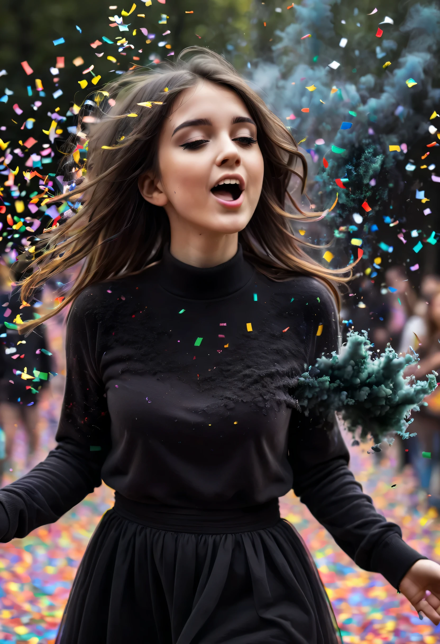 Colorful Confetti falls like snowflakes, portrait of a pop star, dark and sinister lighting